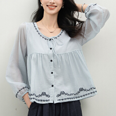 批发夏梵尼心动信号蓝色衬衫<b class='q'>女</b>2026秋新款长袖刺绣系带小衫娃娃衫<b class='q'>上衣</b>