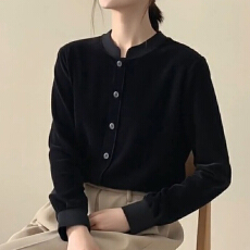 黑色立领丝绒开衫女25秋简约休闲气质百搭高级感漂亮轻熟国风上衣