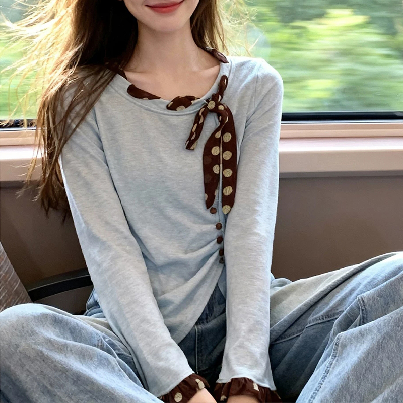 하늘색 배색 리본 티셔츠 여성 봄 새로운 도트 무늬 나비 매듭 장식 루즈핏 슬림해 보이는 캐주얼 긴팔 맨위