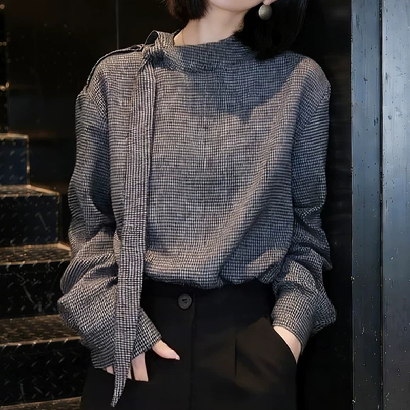 리본 스탠드 칼라 체크무늬 여성 셔츠 2026 이른 봄 빛 럭셔리 고급 센스 외국 가스 연령 감소 인사이드 가져 가라. 스택 착용 셔츠 맨위