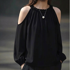 批发2026早春法式高级感黑色<b class='q'>露肩</b>长袖衬衫女大码显瘦气质遮肚微胖穿搭