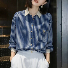 春季拼色条纹气质优雅polo领衬衫长袖小众别致设计感单排扣衬衣女