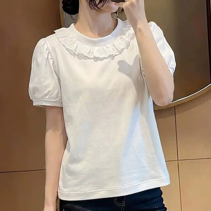 화이트 레이스 조각 라운드 넥 반팔 2026 여름 새로운 부드러운 지성 빅 사이즈 맨위 여성
