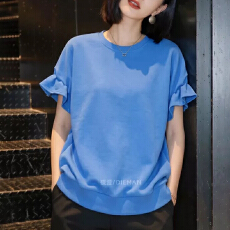 批发2026夏季新款蓝色短袖<b class='q'>T</b><b class='q'>恤</b>女<b class='q'>韩版</b>宽松圆领设计感百搭打底衫上衣