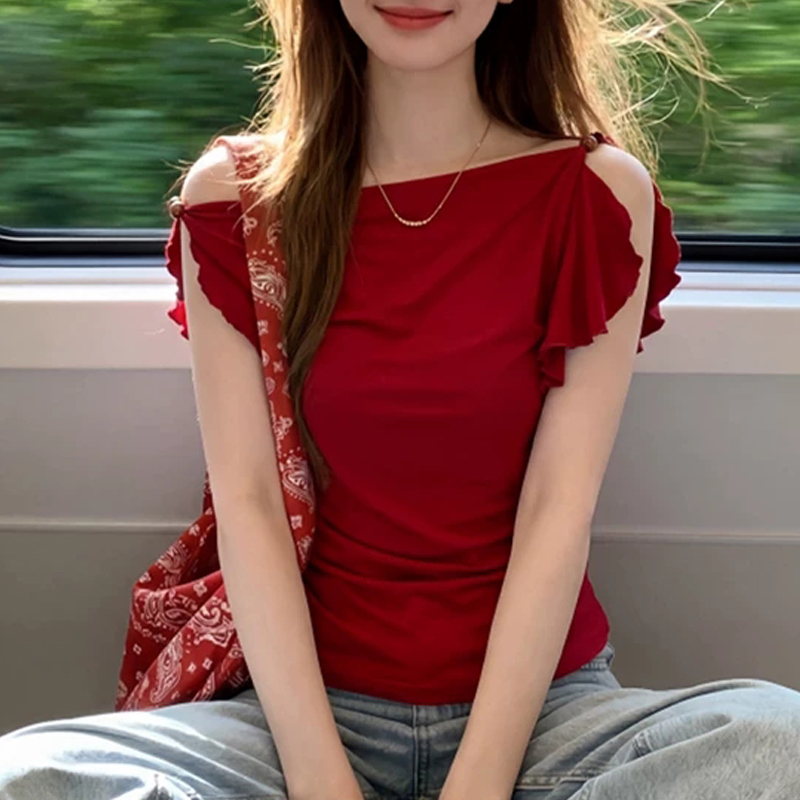 RY4572# 设计感红色一字领斜肩无袖t恤女夏季修身特别漂亮的掐腰短款上衣