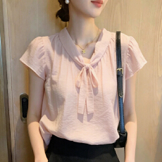 批发粉色短袖衬衫<b class='q'>女</b>夏季新款设计感小众法高级感系带设计感套头上衣<b class='q'>女</b>