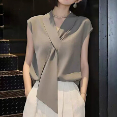 轻熟优雅风无袖V领飘带衬衫女2026夏季新款休闲百搭显瘦减龄上衣