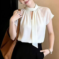 批发法式轻熟优雅风白色飘带衬衫女<b class='q'>夏</b>季新款短袖通勤百搭显瘦气质上衣