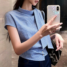 批发韩系领口绑带设计蓝色格纹上衣2026春季女新款超好看显瘦百搭小衫