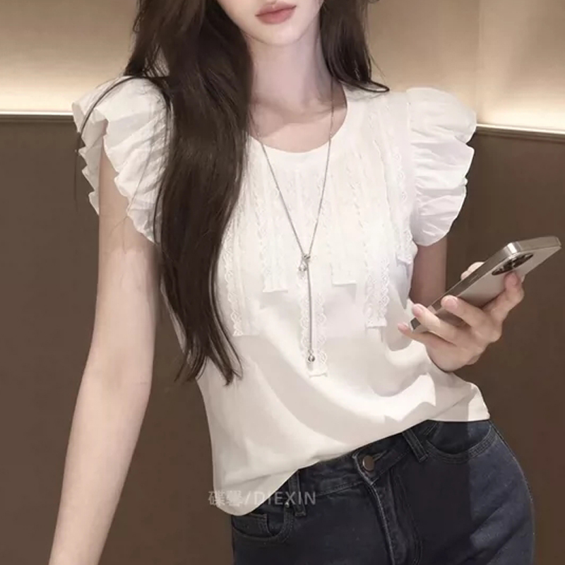 RY4578# 2026新款韩系夏季法式温柔风泡泡袖白色上衣女荷叶边系带休闲T恤
