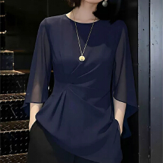 批发优雅通勤风藏青<b class='q'>雪纺衫女</b>2026夏季新款中袖<b class='q'>收腰</b>飘逸洋气打底衫上衣