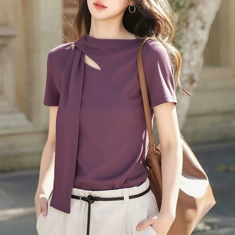 고급 센스 보라색 홀로우 아웃 리본 반팔 티셔츠 여성 2026 여름 새로운 빛 럭셔리 외국 가스 슬림해 보이는 연령 감소 맨위