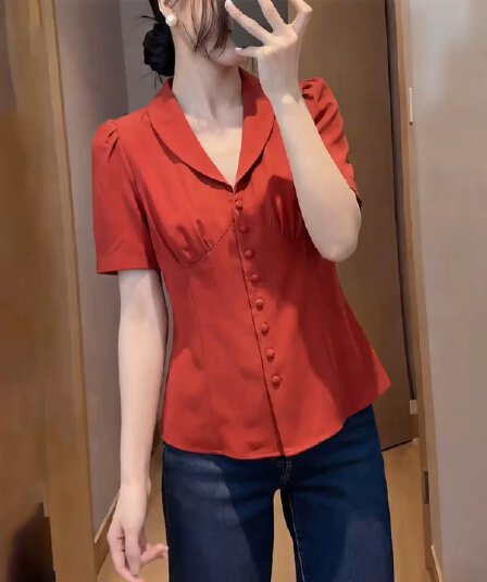 주황색 폴로 칼라 반팔 여성 셔츠 2026 여름 새로운 부드러운 프랑스식 고급 센스 편안함 빅 사이즈 맨위 트렌디