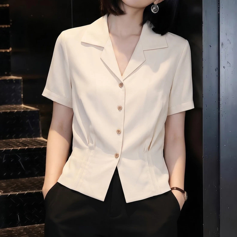 품격 정장 칼라 허리 수축 반팔 여성 셔츠 2026 여름 새로운 올해 인기 폭발 몸매 가꾸기 슬림해 보이는 맨위