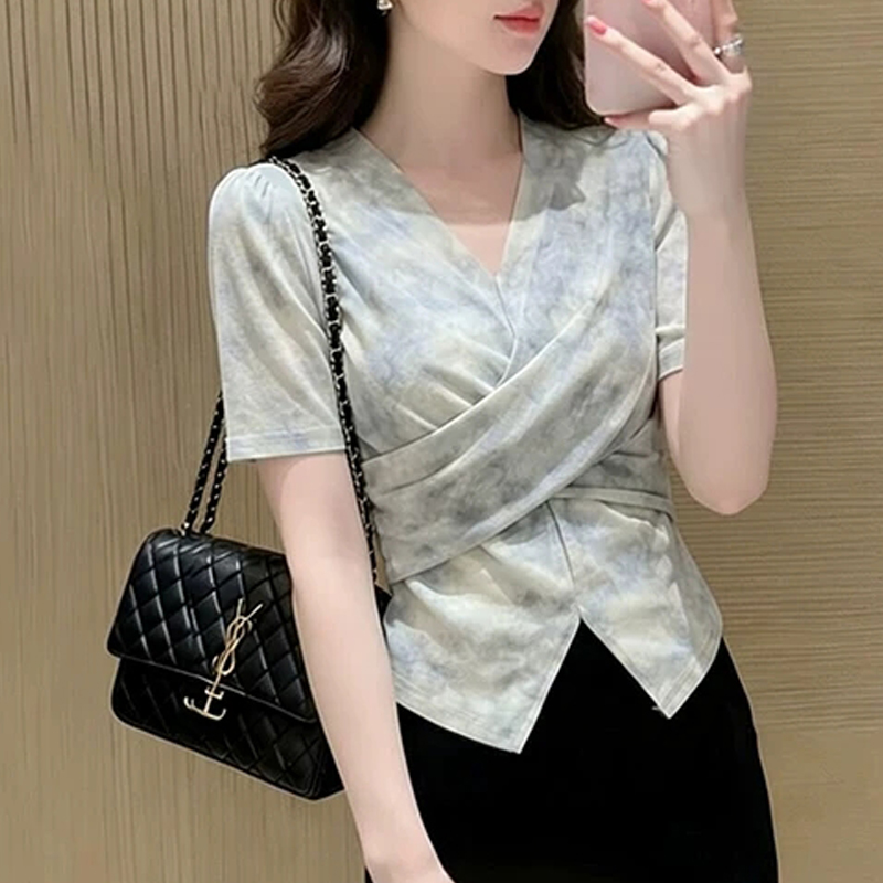 프랑스식 우아함 편안함 분위기 센스 절묘한 디자인 센스 V넥 반팔 여성 셔츠 여름 허리 수축 슬림해 보이는 트임 맨위