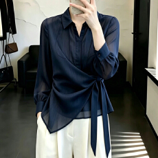 时尚翻领系带长袖衬衫女士早秋新款不对称上衣巨好看显瘦减龄小衫