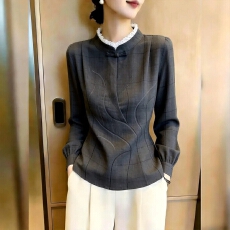 批发超好看通勤风立领印花上衣女<b class='q'>长袖</b>显瘦高级感设计感减龄别致2026年