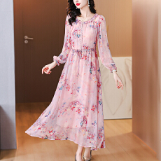 批发高端真丝2025春季新款法式名媛年轻款长袖<b class='q'>桑蚕丝</b>碎花裙