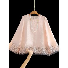 批发粉色人丝花萝提花新中式衬衫女春夏新款刺绣拼接国风打底衫上衣