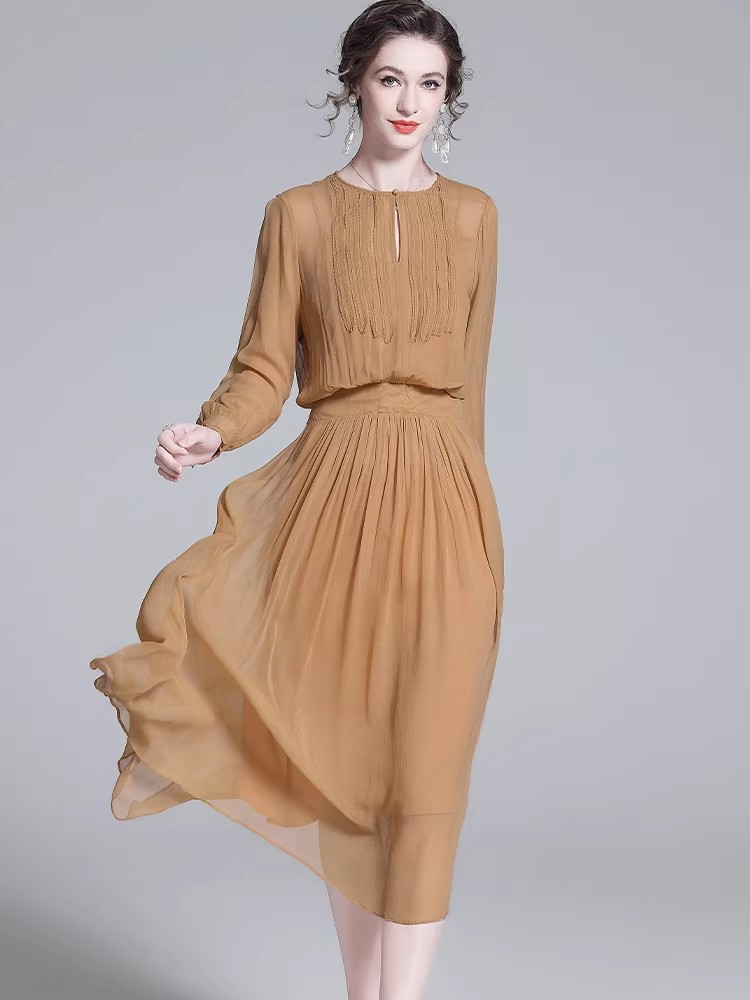 RY748# 真丝连衣裙2026春季新款杭州桑蚕丝气质收腰显瘦裙度假风法式...