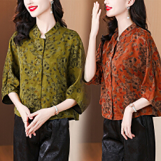 批发香云纱<b class='q'>上衣</b>女2026春夏新款立领宽松大码<b class='q'>桑蚕丝</b>真丝衬衫