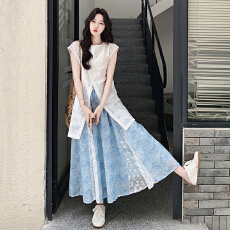 批发巨好看蕾丝拼接休闲套装女夏2025新款设计感无袖上衣半身裙<b class='q'>两件</b>套