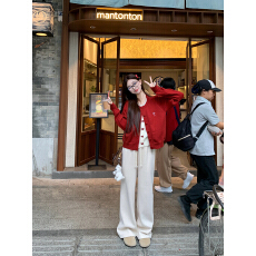 批发<b class='q'>韩</b>系设计感红色蝴蝶结针织开衫女2025秋冬新款甜美少女感毛衣外套