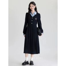 批发女装秋季新款韩系拼接假两件连衣<b class='q'>裙</b>洋气收腰学院风长<b class='q'>裙</b>子