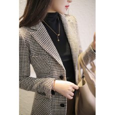批发千鸟<b class='q'>格子</b>羊毛<b class='q'>小西装</b>外套女中长款2025秋季英伦风韩版休闲西服上衣
