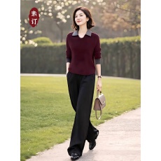 批发女装原创<b class='q'>品牌</b>旗舰店拼色翻领针织衫+后腰松紧直筒裤套装秋季