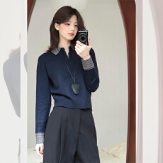 批发韩系内搭藏蓝色polo领针织打底衫女春秋穿搭短款毛衣翻领长袖上衣