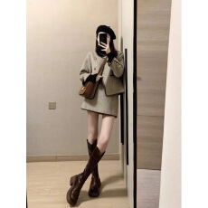 批发秋冬季小个子独特外套超好看小香风美拉德穿搭拼皮双面呢套装<b class='q'>裙</b>女