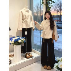 批发秋冬新款时尚气质百搭高级轻奢小众<b class='q'>蕾丝</b>设计简约外套+阔腿裤套装