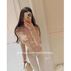 批发法式蕾丝V领<b class='q'>长袖</b>针织开衫女秋季温柔名媛气质修身短款纯欲风上衣