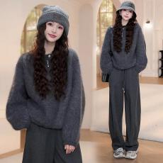 批发纯色毛衣女冬季<b class='q'>新款</b>圆领长袖上衣针织衫<b class='q'>外套</b>裤子套装