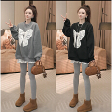 批发圆领宽松钩花蝴蝶结套头卫衣时尚休闲百搭长款卫衣