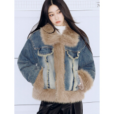 批发PUNCH原创设计毛绒拼接渐变水洗牛仔短外套<b class='q'>秋</b>冬女