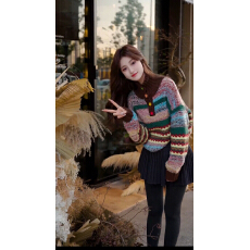 批发特种纱美拉德彩色<b class='q'>条纹</b>翻领毛衣开衫女秋冬慵懒风宽松针织女外套