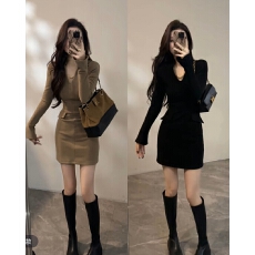 批发新款V领假口袋短裙设计感时髦显瘦秋冬女装<b class='q'>连衣裙</b>