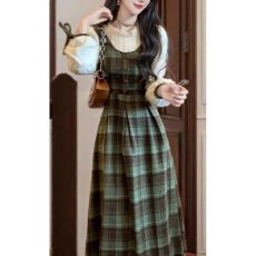 批发森系复古绿格<b class='q'>假两件</b>泡泡袖<b class='q'>连衣裙</b>收腰拼接显瘦长裙子女学生春秋季
