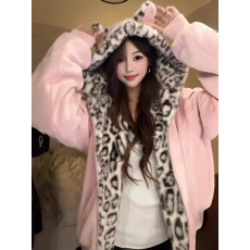 批发Achock官方店秋冬可爱兔耳保暖卫衣豹纹内里拉链连帽加绒外套