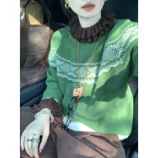 批发高级感圣诞绿色费尔岛毛衣女秋<b class='q'>冬</b>内搭慵懒风加厚浣熊绒针织衫上衣