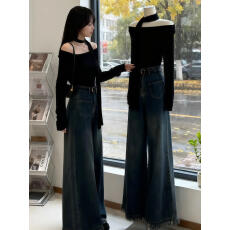 批发巨好看的早秋装一整套挂脖飘带露肩针织衫高腰阔腿<b class='q'>牛仔</b>裤两件套女