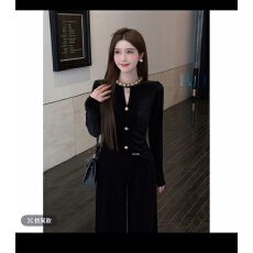 夜游星光丝绒钉珠圆领闪钻上衣直筒显瘦加绒裤套装