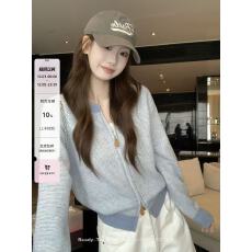 批发韩版撞色条纹<b class='q'>针织</b><b class='q'>开衫</b>女秋冬高级感蓝色毛衣外套<b class='q'>短款</b>简约上衣