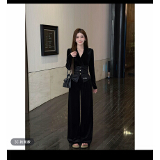 批发奢宠主角雾中芭蕾V领<b class='q'>丝绒</b>拼接纽扣显瘦上衣直筒加绒裤<b class='q'>套装</b>