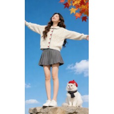 批发韩系慵懒风娃娃领正肩毛衣外套<b class='q'>女</b>2025秋季爱心扣针织<b class='q'>开衫</b>两件套