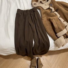 批发美拉德棕色毛呢阔腿裤子冬加厚<b class='q'>女</b>款大码秋休闲卫裤今年流行梧桐裤