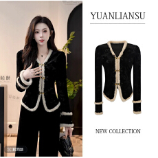 批发YUANLIANSU/圆脸酥绮梦干年秋冬新中式国风黑色盘扣<b class='q'>丝绒</b><b class='q'>套装</b>