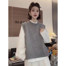 批发花苞衬衫+套头无袖坎肩背心毛衣马甲女款2025新款<b class='q'>秋</b>冬叠穿上衣潮